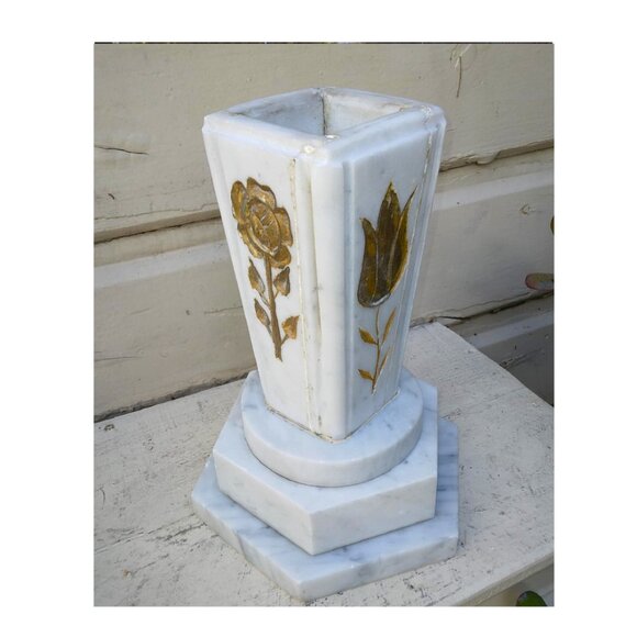 Old Antique White Marble Gold Painted Flowers Stepped Base HEAVY Urn/Vase - Picture 6 of 13